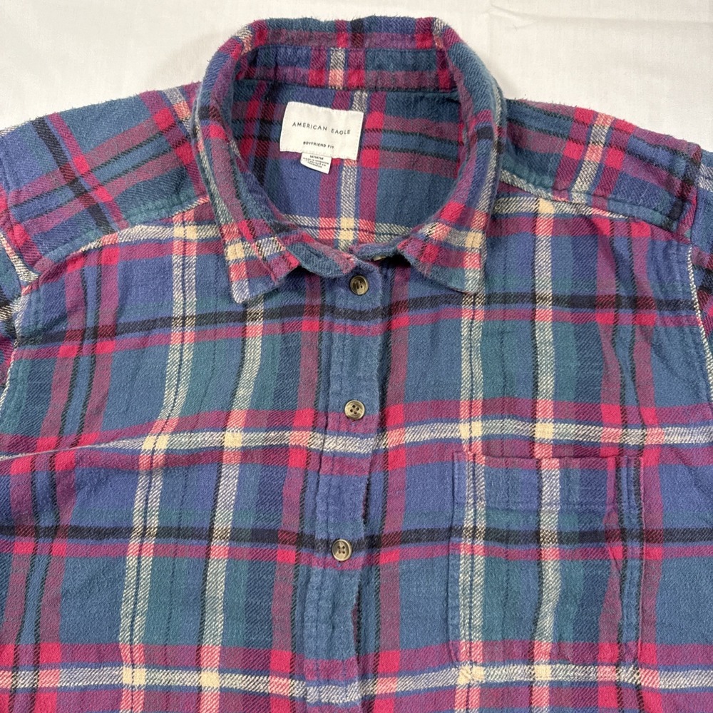 FLANNEL SHIRT American Eagle Boyfriend PINK Plaid  Women Medium Boho CABINCORE - Picture 2 of 8